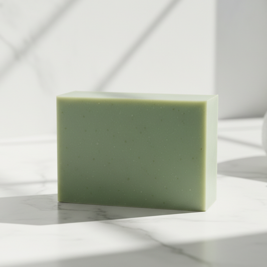 Green soap bar on a wooden surface with a gray background