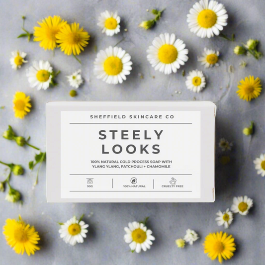 Sheffield Skincare Co soap bar with 'Steely Looks' text on a white background