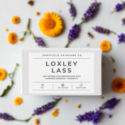 Sheffield Skincare Co Loxley Lass soap bar packaging on a white background
