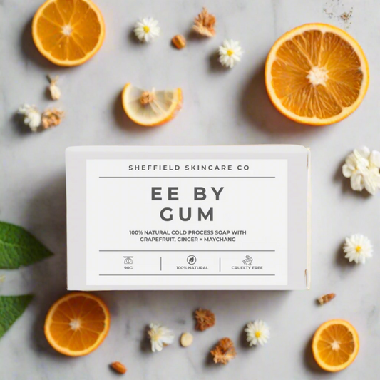 Sheffield Skincare Co soap bar with 'EE BY GUM' text on a white background