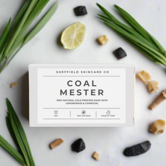 Sheffield Skincare Co Coal Mester soap bar packaging on a white background