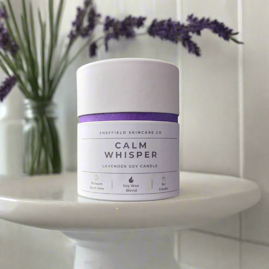 Sheffield Skincare Co Calm Whisper lavender soy candle on a white background