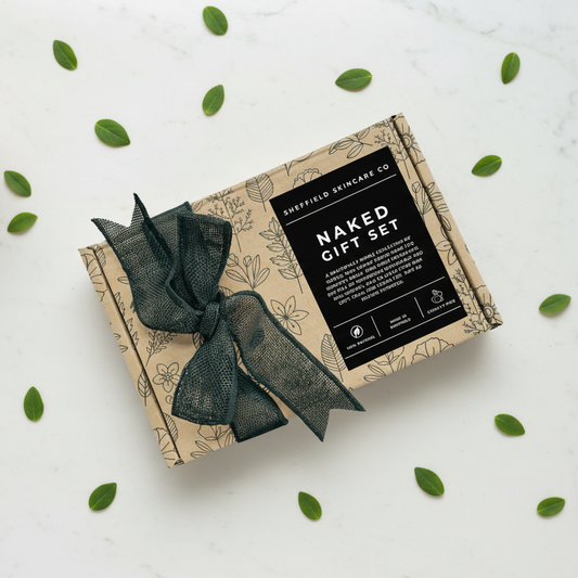 Sheffield Skincare Co Naked Gift Set with a black bow on a white background