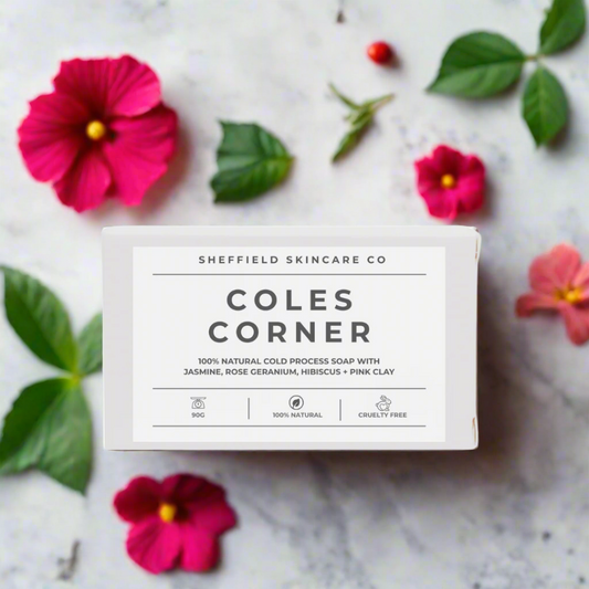 Sheffield Skincare Co Coles Corner soap bar packaging on a white background