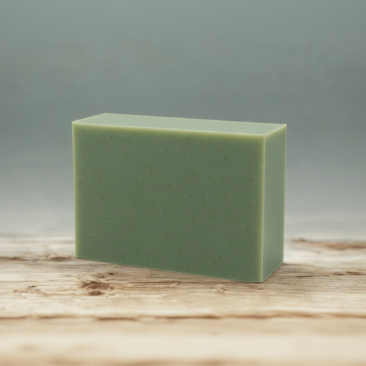 Green soap bar on a wooden surface with a gray background