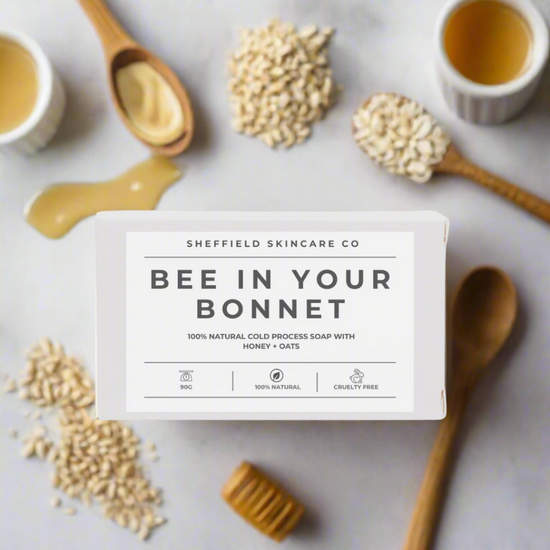 Sheffield Skincare Co soap bar packaging with 'Bee in Your Bonnet' text on a white background