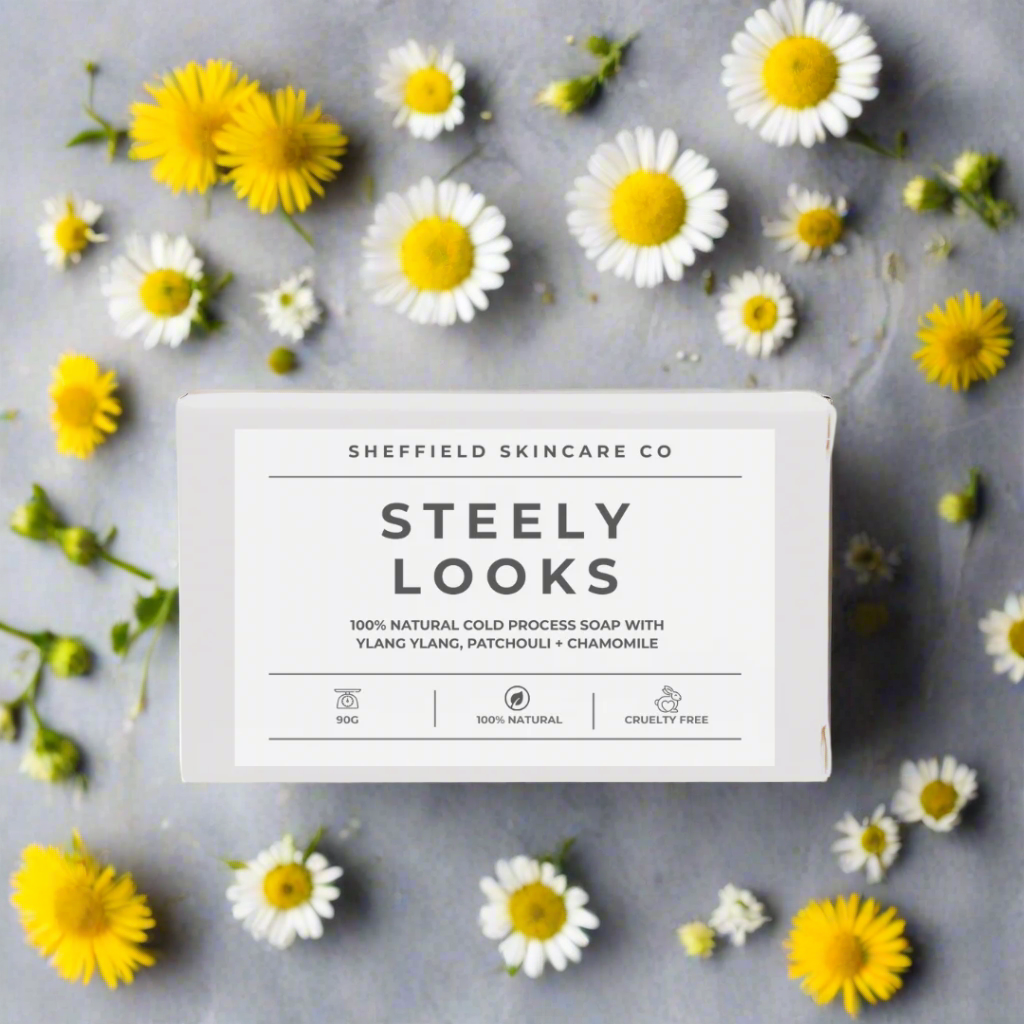 Sheffield Skincare Co soap bar with 'Steely Looks' text on a white background