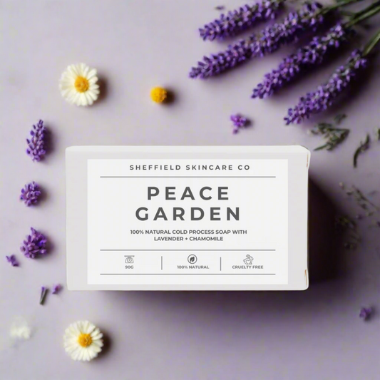 Sheffield Skincare Co. Peace Garden soap bar packaging on a white background