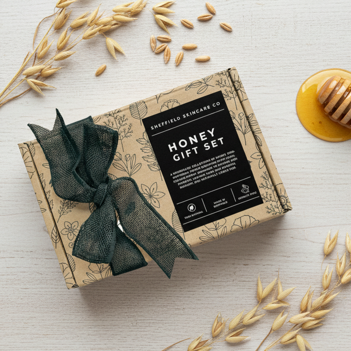 Sheffield Skincare Co. Honey Gift Set with a green ribbon on a light wooden surface.