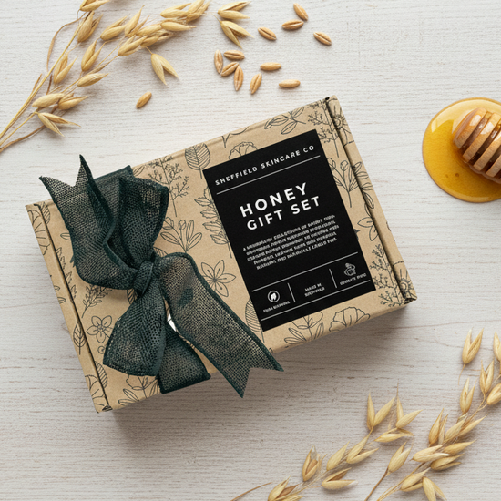 Sheffield Skincare Co. Honey Gift Set with a green ribbon on a light wooden surface.
